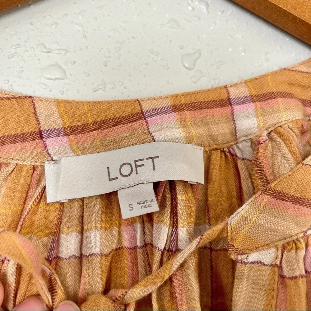 Loft Mustard Plaid Puff Sleeve Peasant Blouse Small